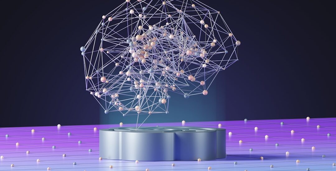 Abstract neural network sphere of connected nodes and lines representing artificial intelligence